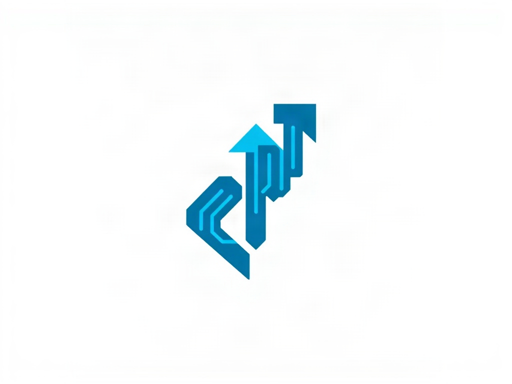 Minimalist geometric logo mark representing technology and growth, an upward arrow integrated with a circuit board pattern, clean lines, blue and dark gray color scheme, white background, vector style